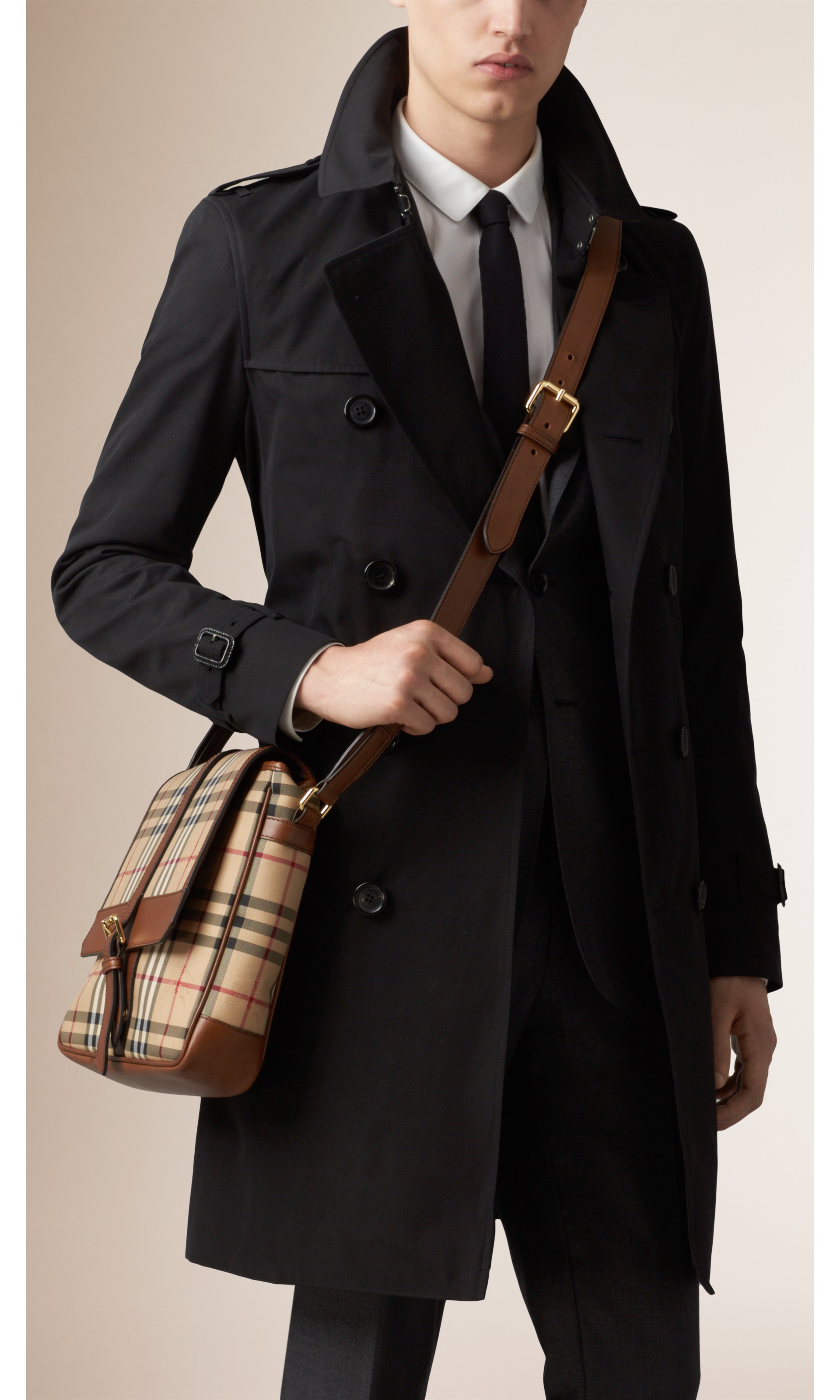 Horseferry Check and Leather Crossbody Bag in Tan Men Burberry