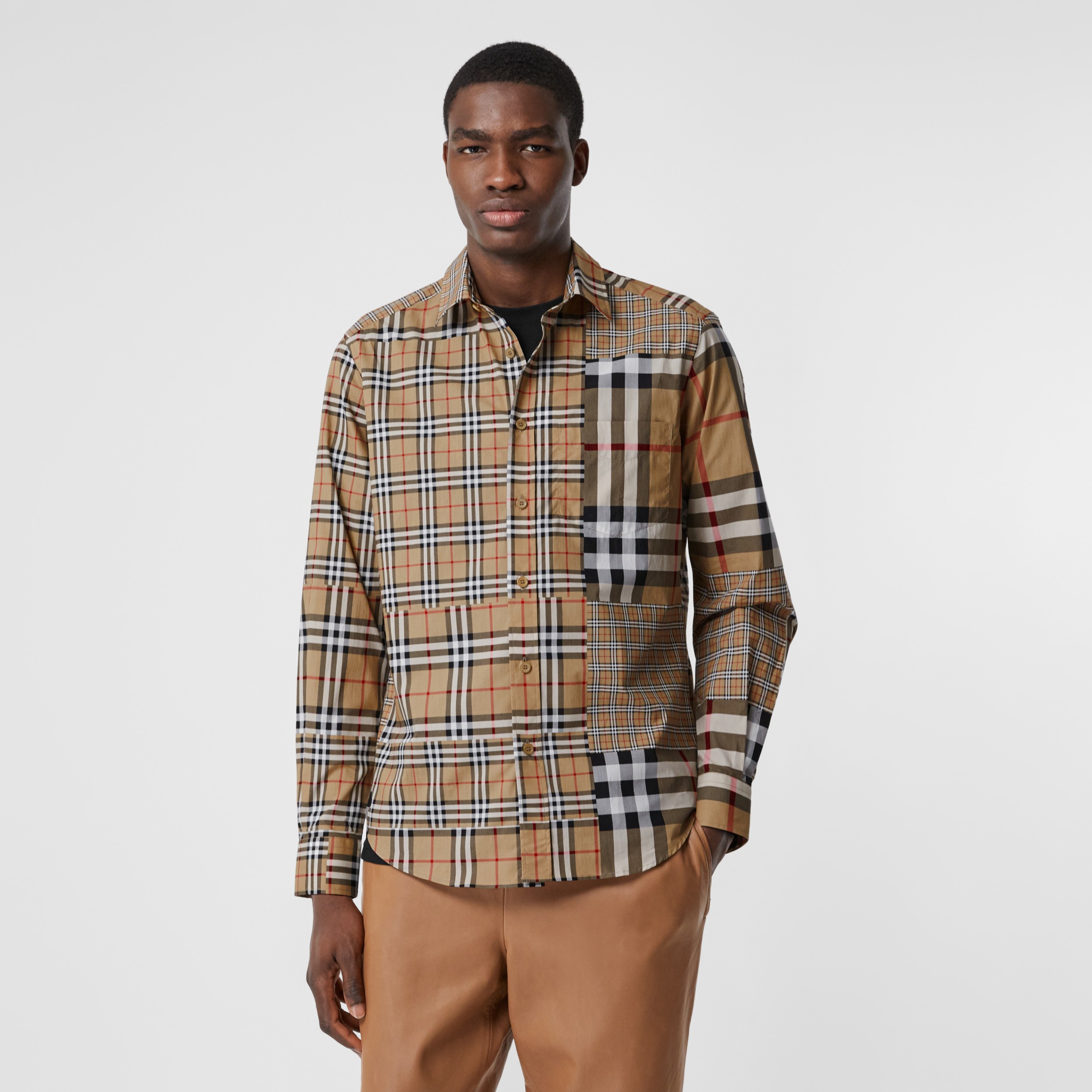 Classic Fit Patchwork Check Cotton Shirt in Archive Beige | Burberry ...