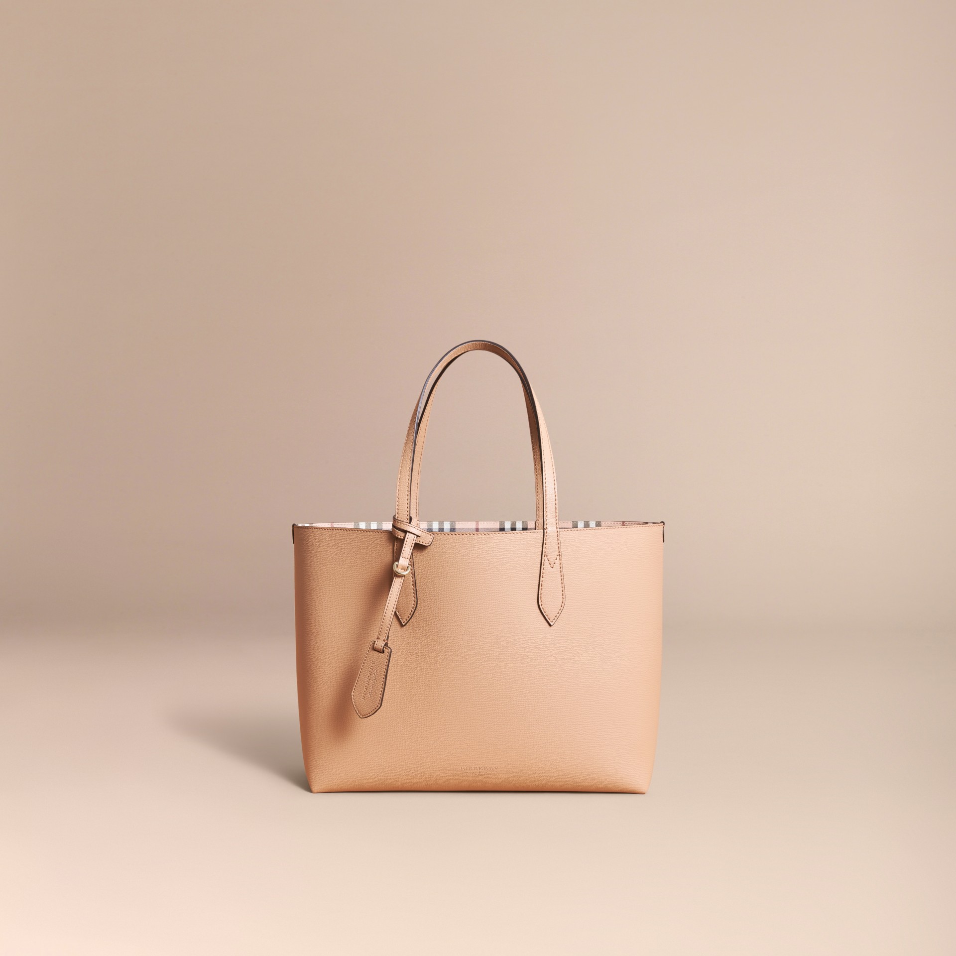 The Medium Reversible Tote in Haymarket Check and Leather in Mid Camel ...