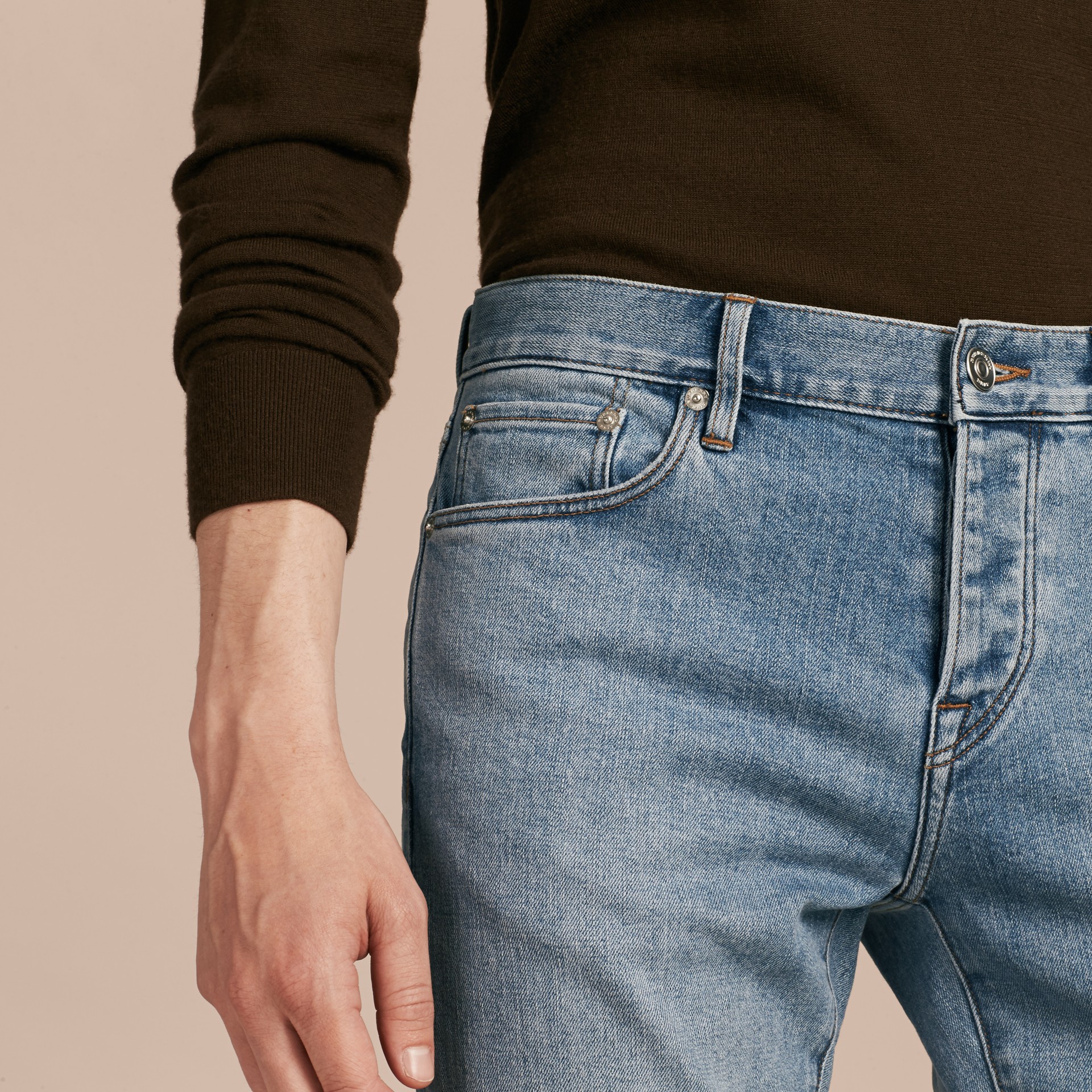 Straight Fit Comfort Stretch Japanese Denim Jeans in Light Indigo Men