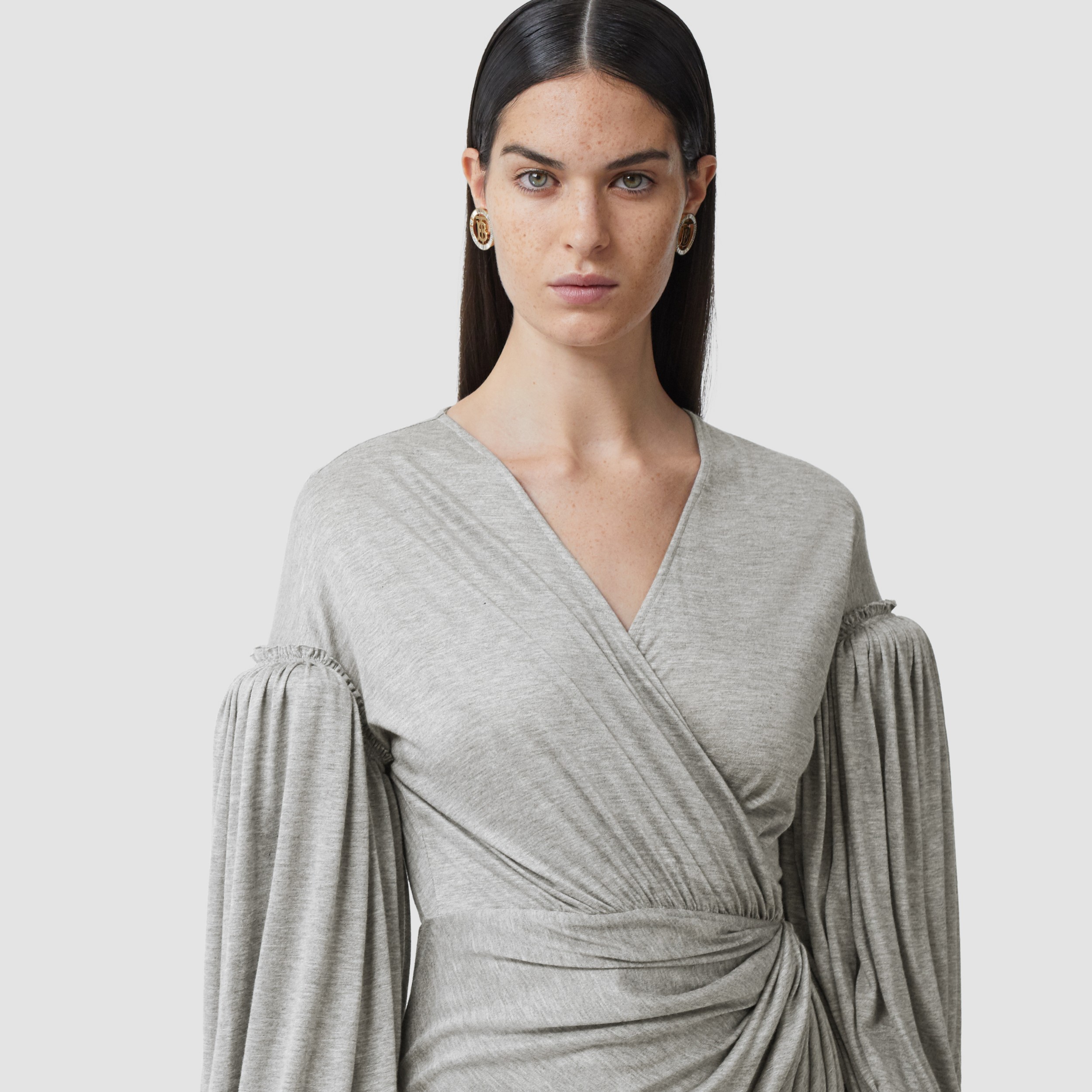 Puffsleeve Jersey Wrap Dress in Pewter Melange Women Burberry