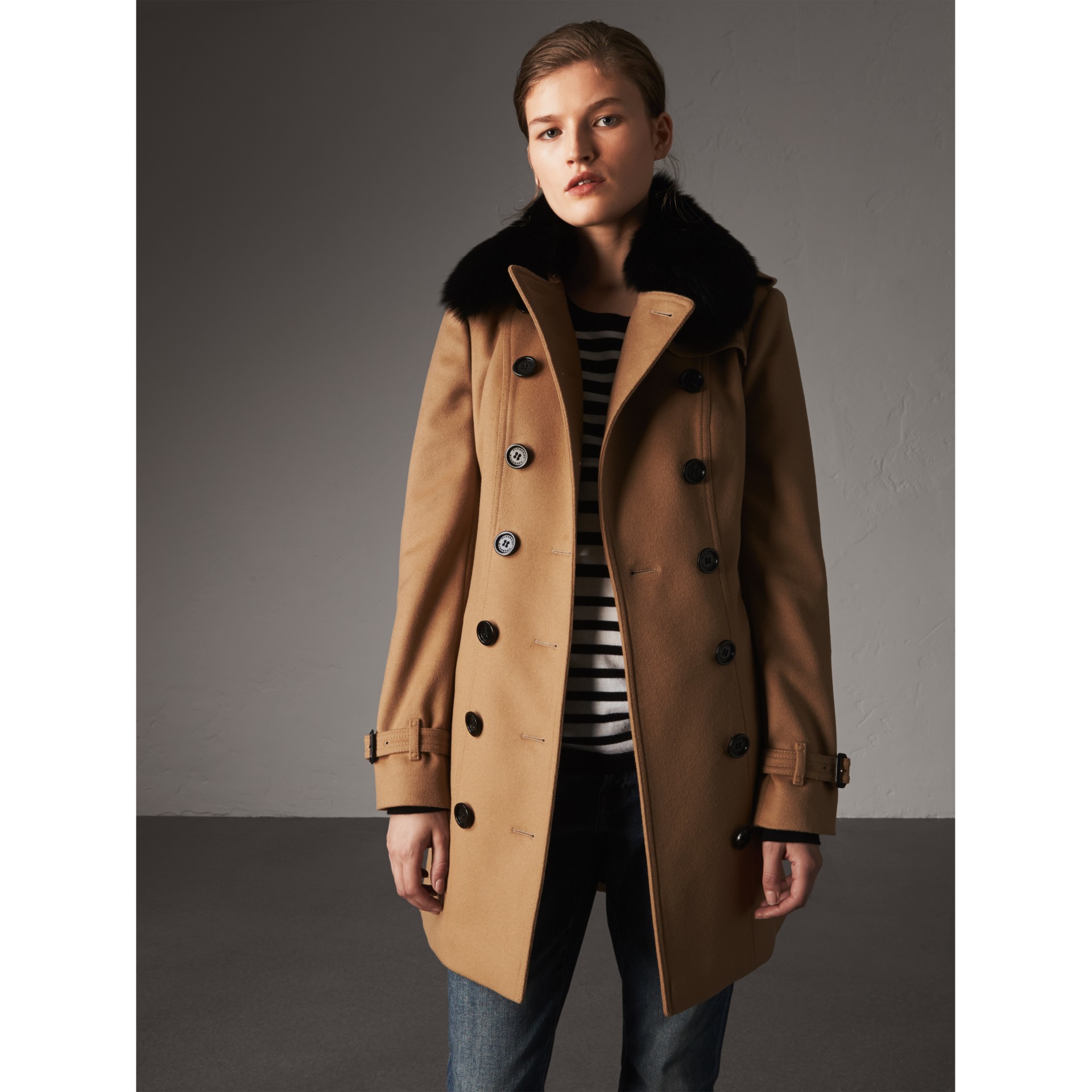 Shop Burberry Wool Cashmere Trench Coat With Fur Collar In Camel