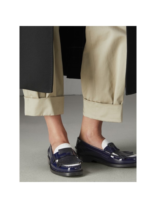 Tritone Kiltie Fringe Leather Loafers in Navy Women Burberry