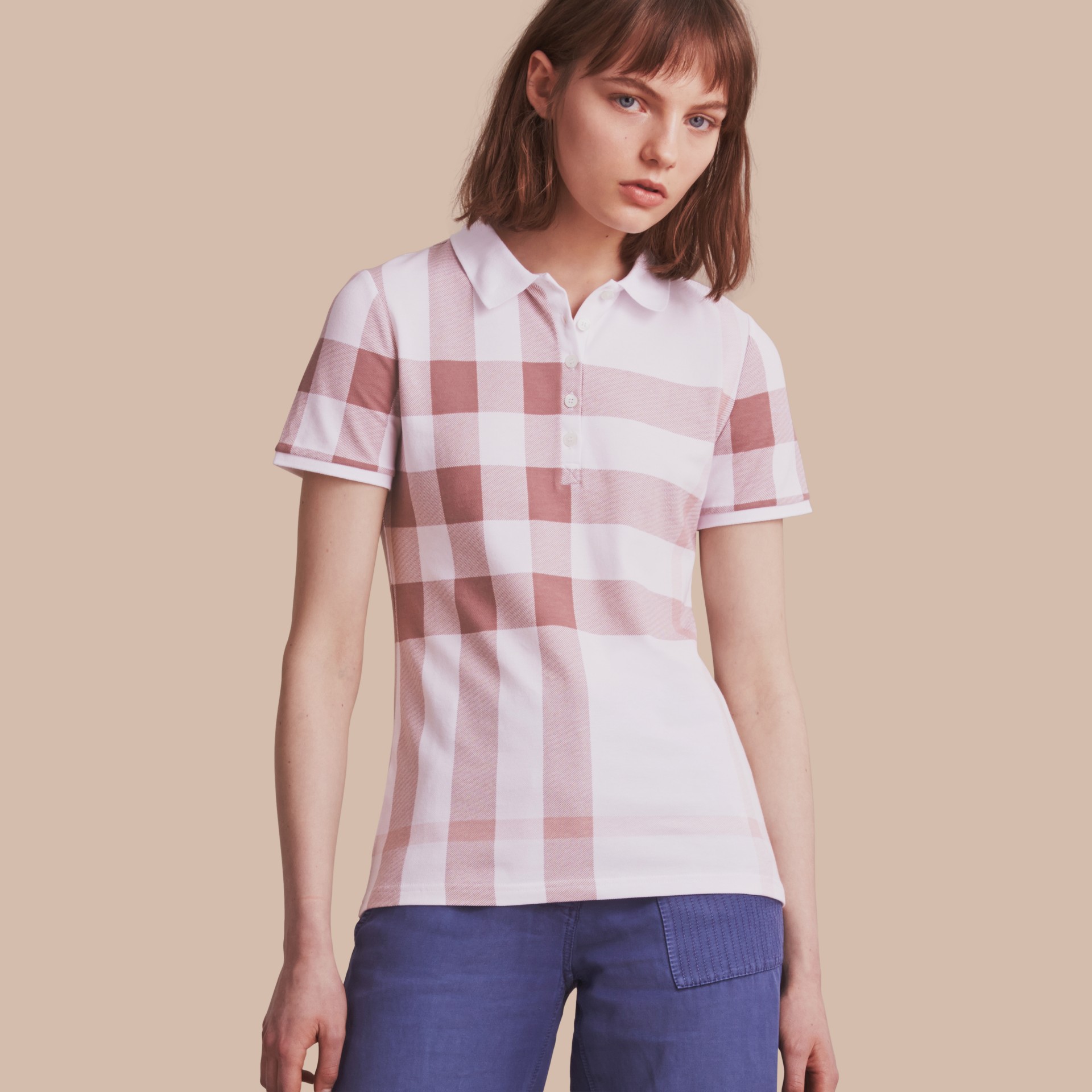 Check Stretch Cotton Piqué Polo Shirt in Antique Rose - Women ...