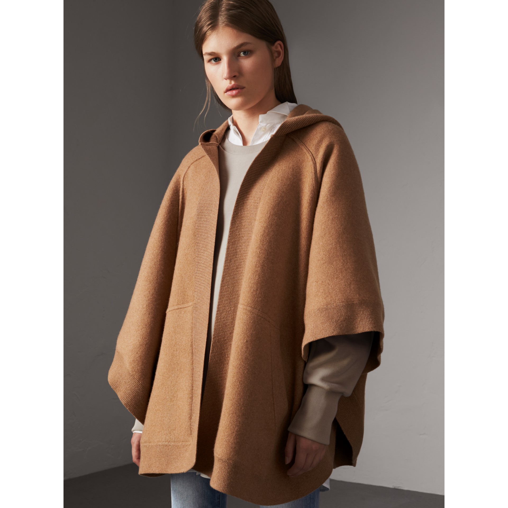 Wool Cashmere Blend Hooded Poncho in Camel - Women | Burberry Canada