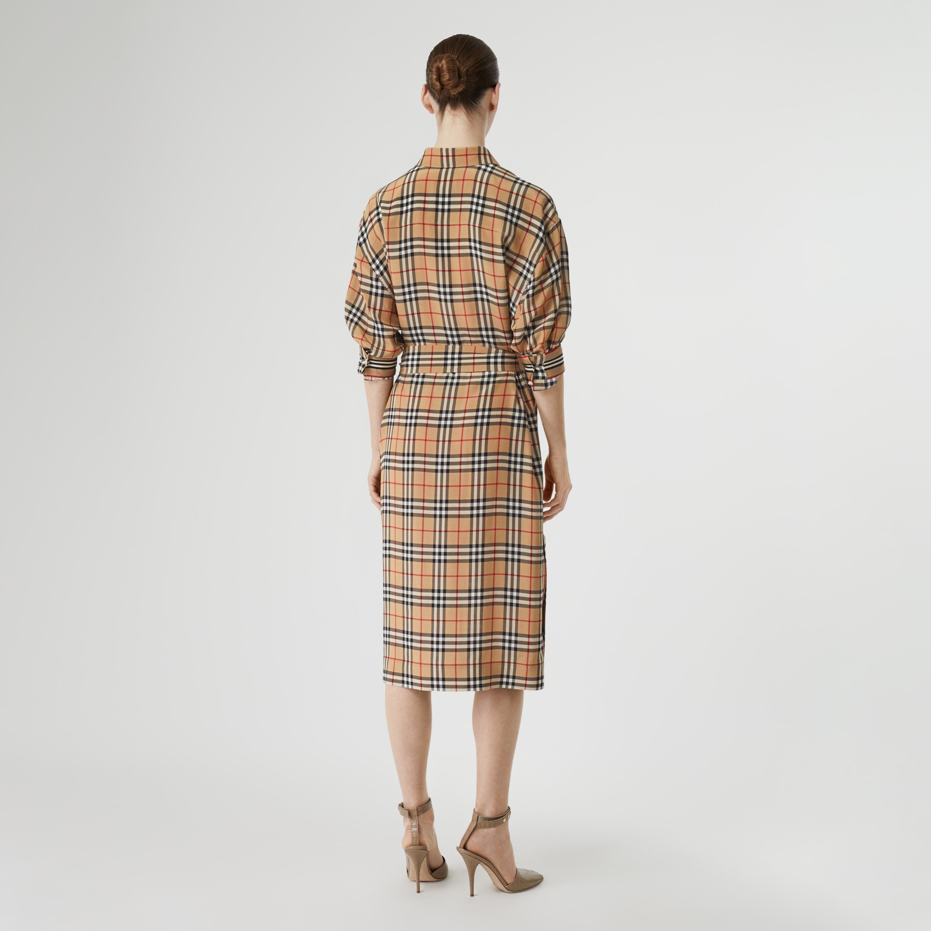 Vintage Check Silk Tie-Waist Shirt Dress in Archive Beige - Women ...