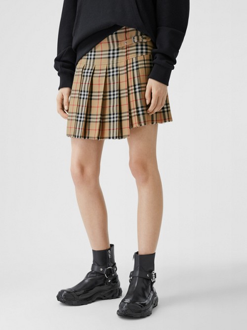 Shop Burberry Pleated Check Wool Mini Kilt In Archive Beige