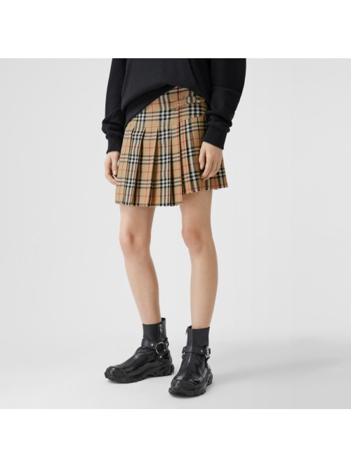 Shop Burberry Pleated Check Wool Mini Kilt In Archive Beige