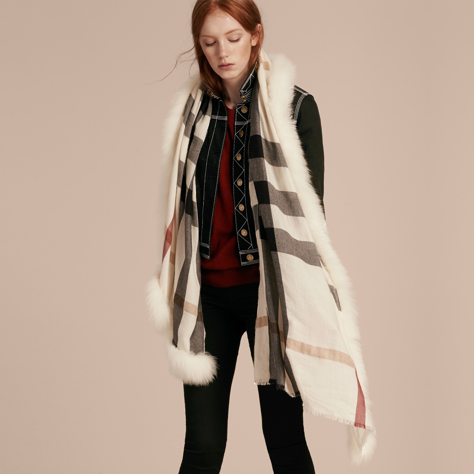 Fur Trim Cashmere Check Scarf in Ivory - Women | Burberry United States