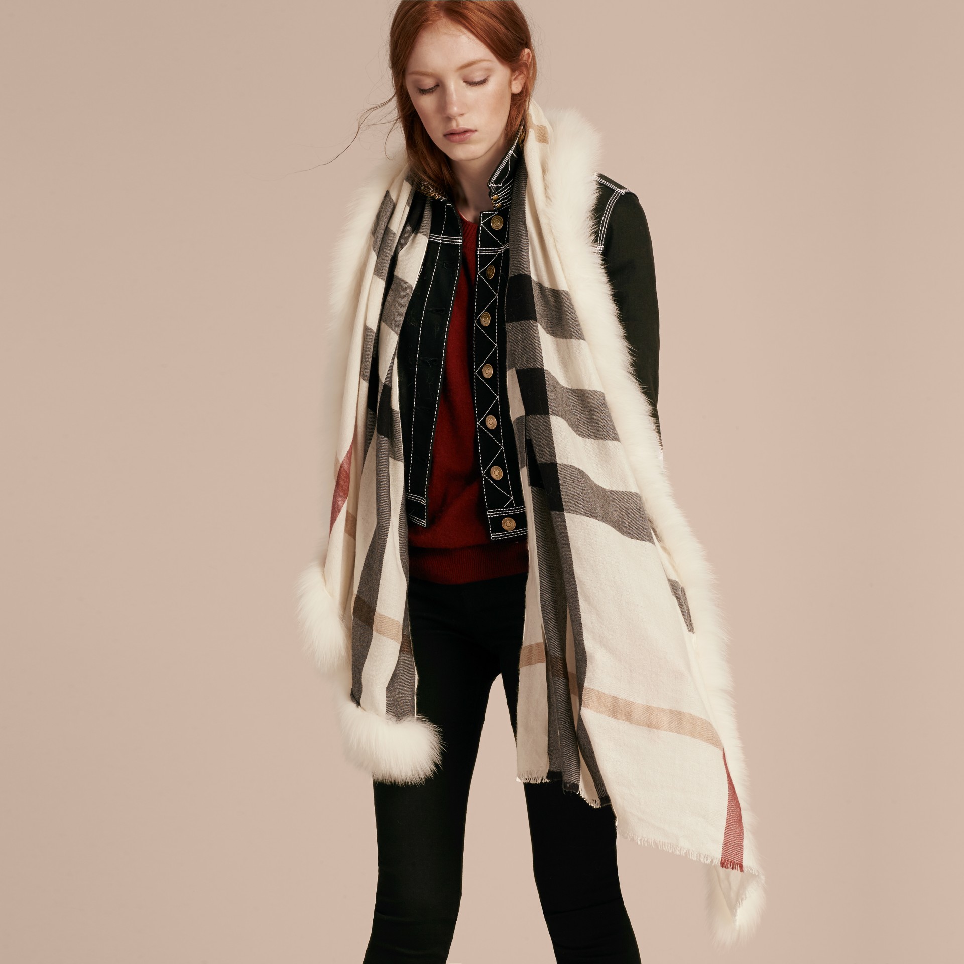 Fur Trim Cashmere Check Scarf in Ivory Women Burberry United States