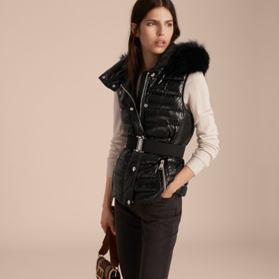 Down filled Gilet with Detachable Fur trimmed Hood Burberry