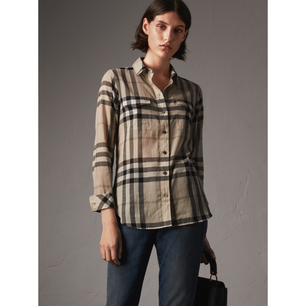 格纹棉质衬衫 (卡其色) - 女士 | burberry 博柏利