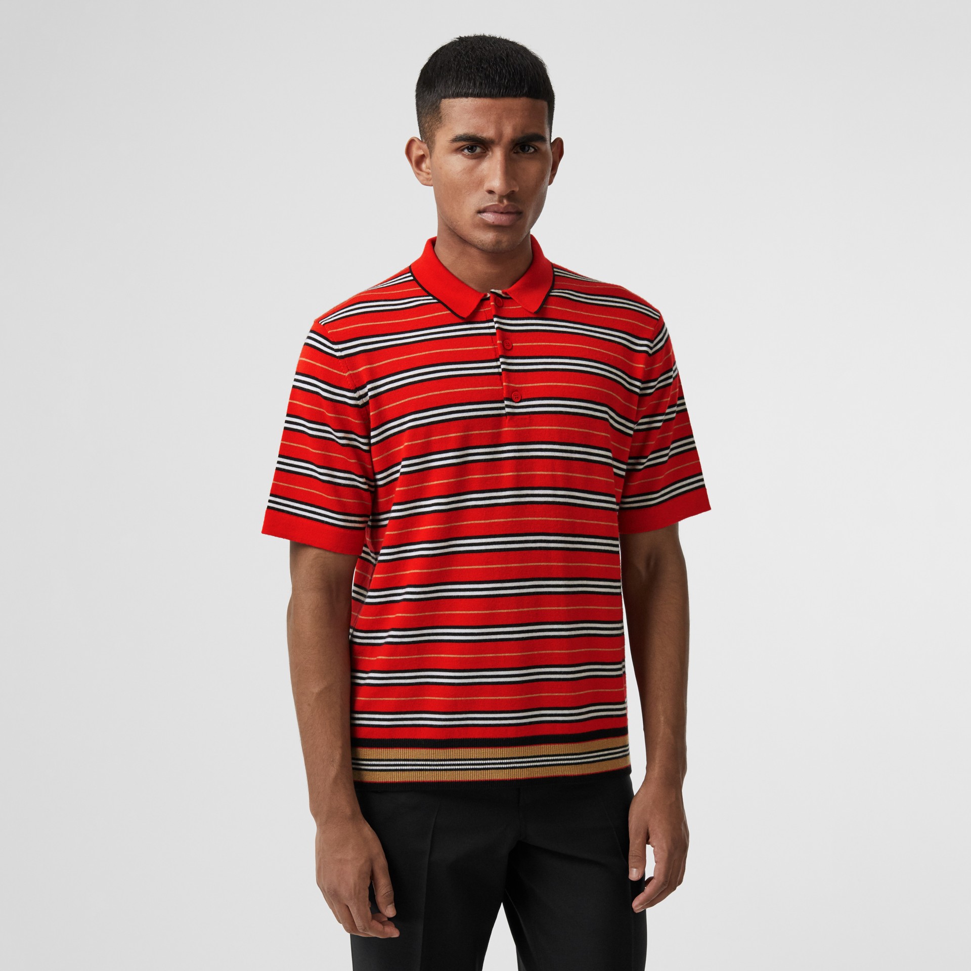 Contrast Stripe Merino Wool Polo Shirt in Bright Red | Burberry United ...