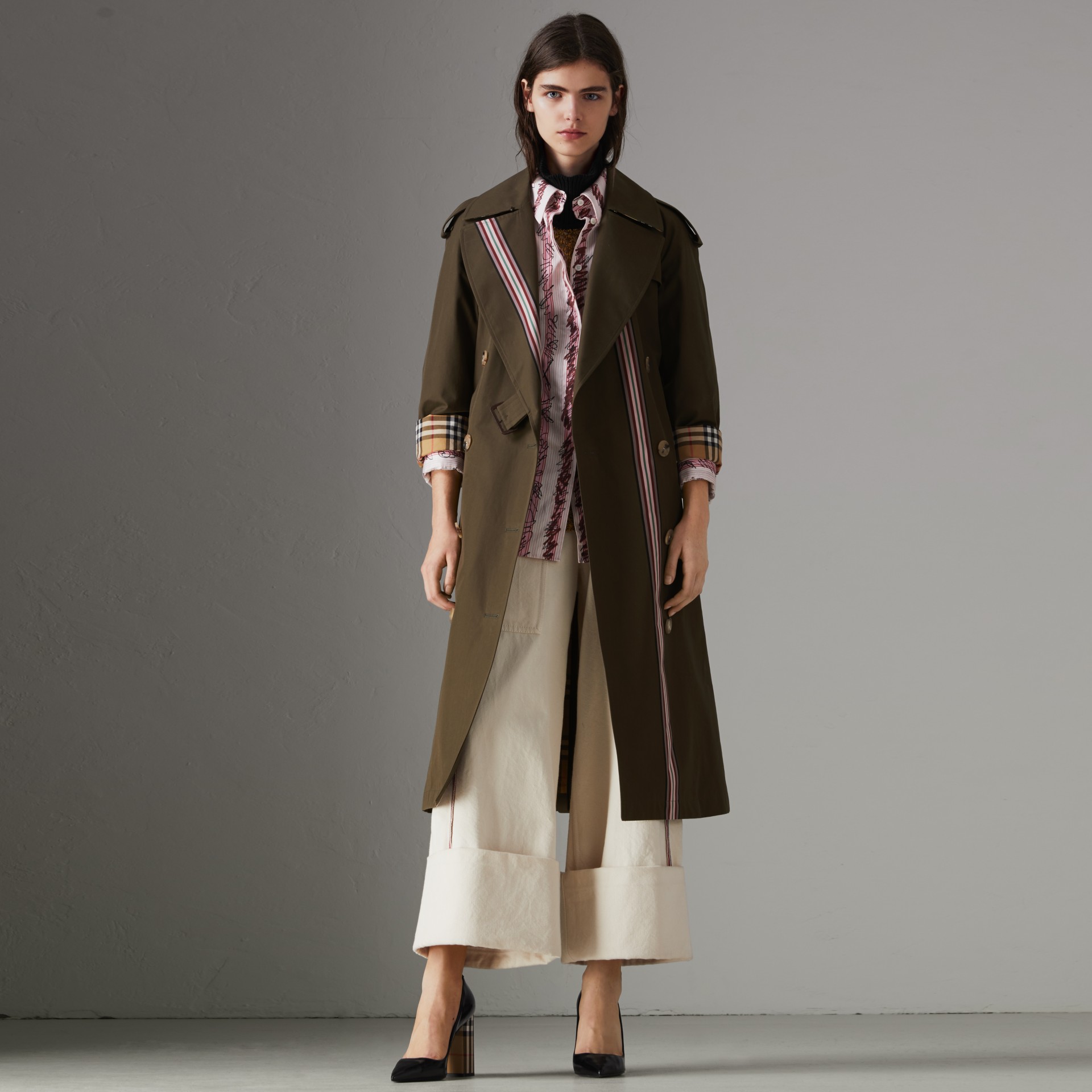 Burberry Striped Ribbon Gabardine Oversized Trench Coat In Olive | ModeSens