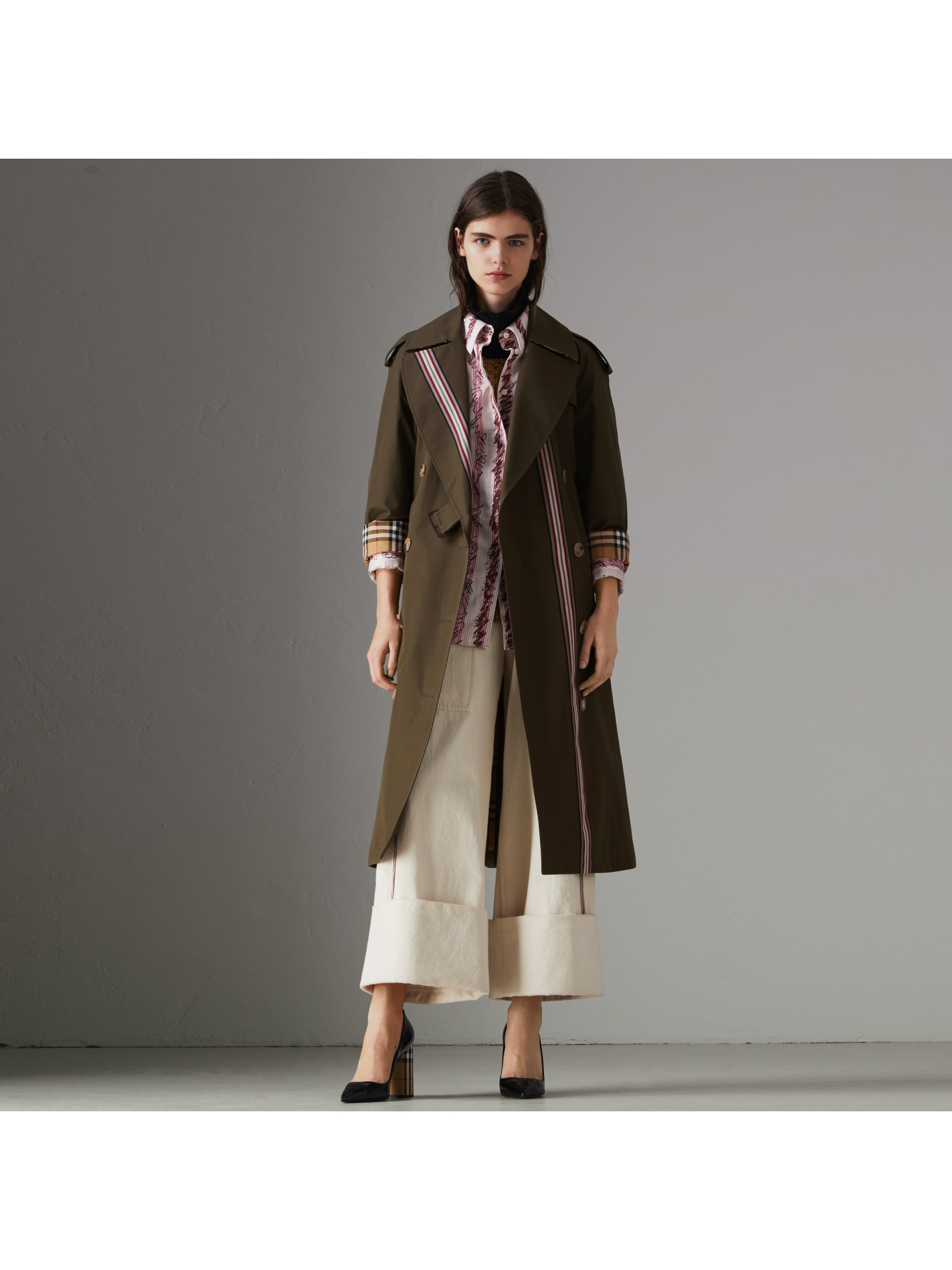 橄榄色 条纹饰带嘎巴甸宽松 trench 风衣 产品图片01