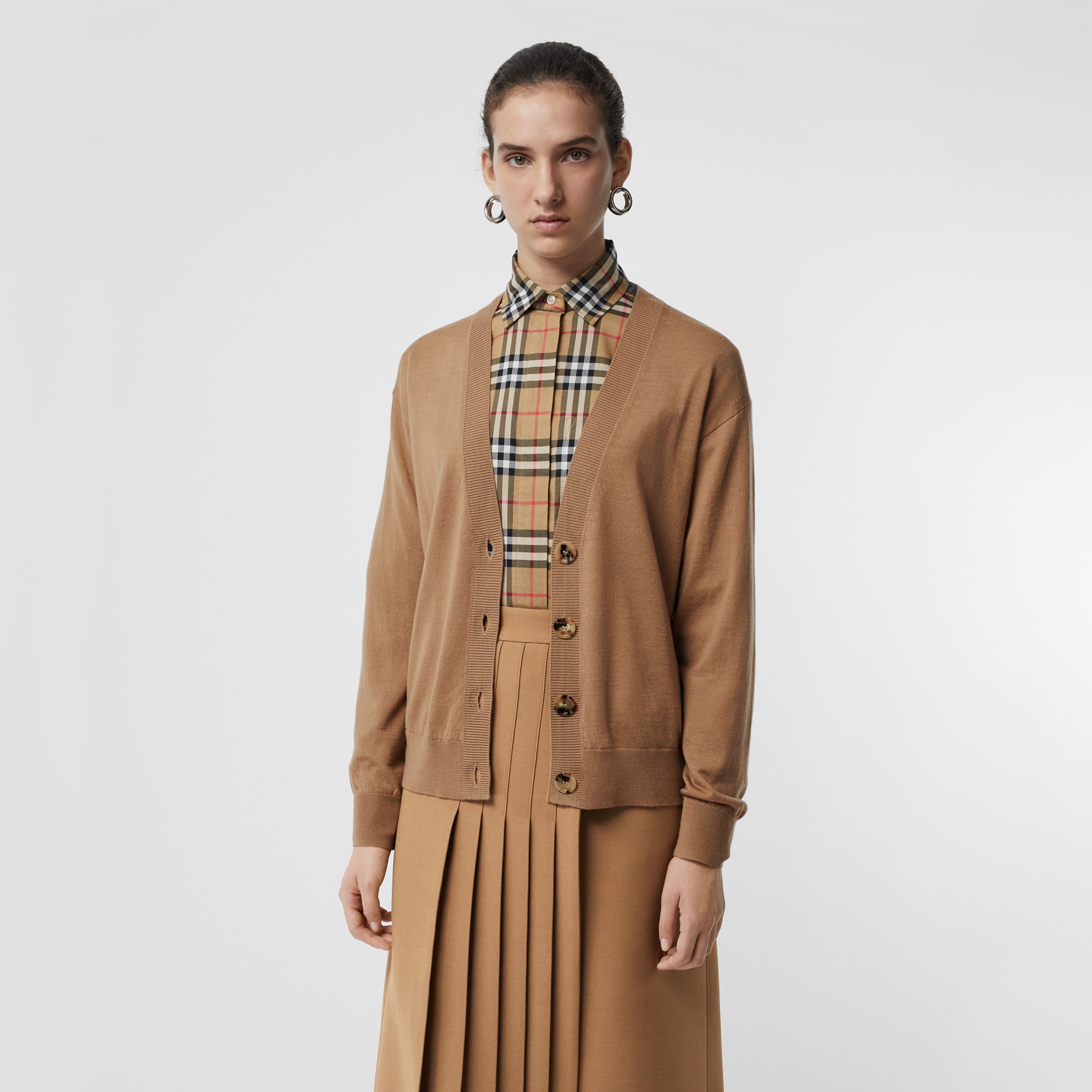 Vintage Check Detail Merino Wool Cardigan in Camel Women Burberry