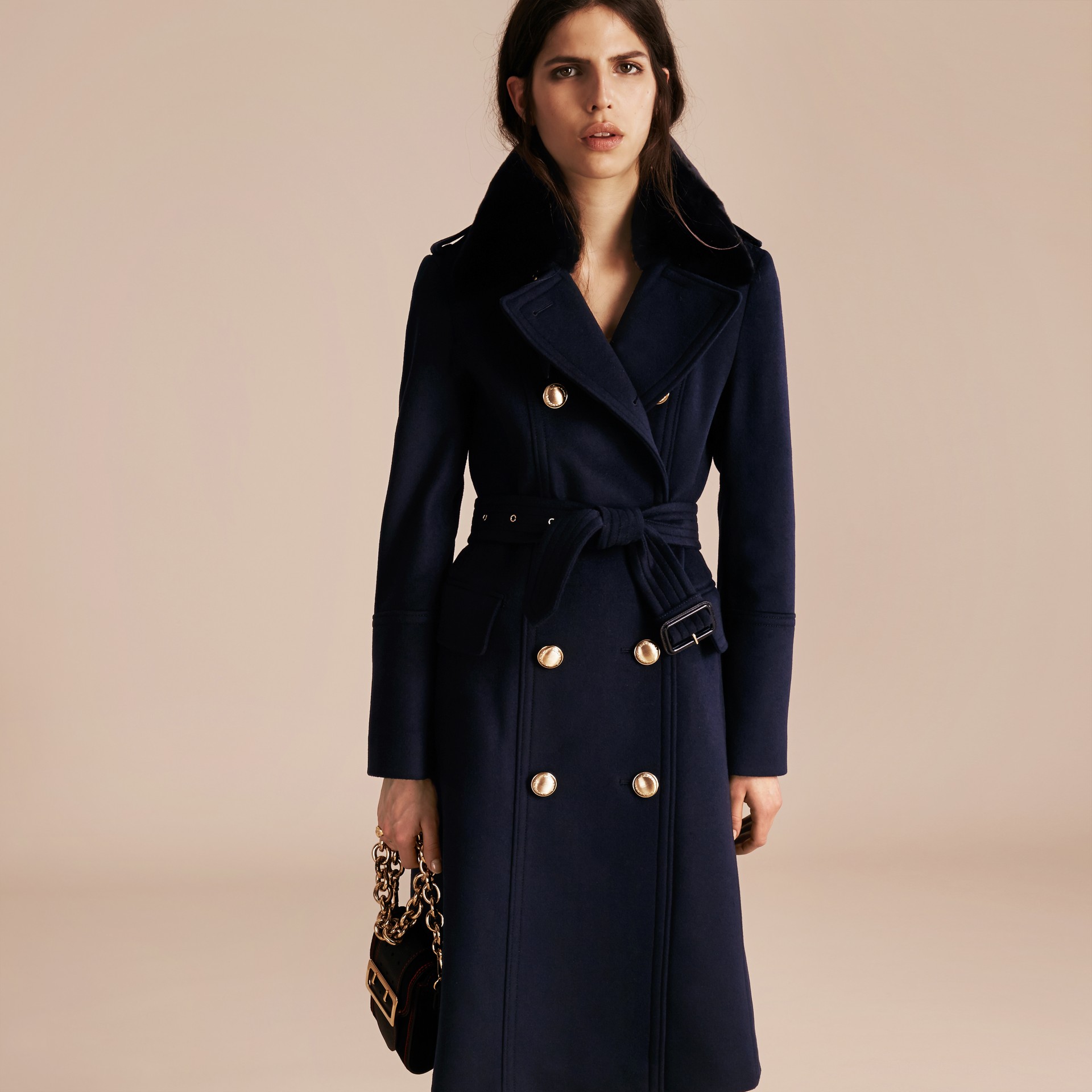 Wool Cashmere Trench Coat with Detachable Fur Collar in Navy - Women ...