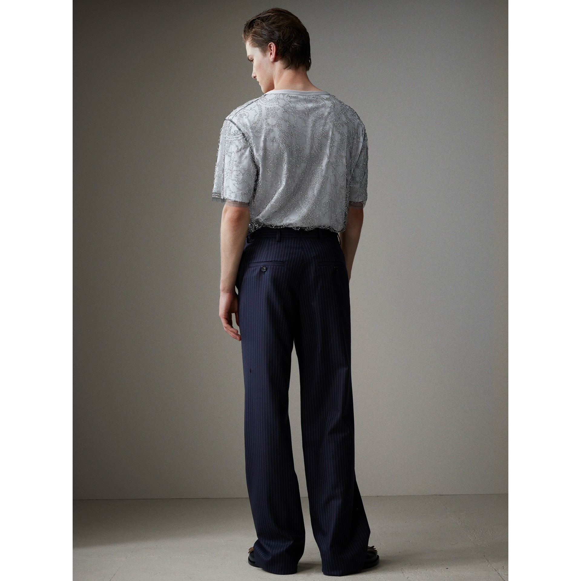 navy pinstripe wide leg trousers