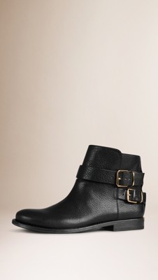 Black Buckle Detail Leather Ankle Boots - Image 1