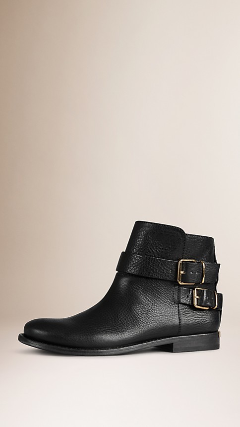 Black Buckle Detail Leather Ankle Boots - Image 1