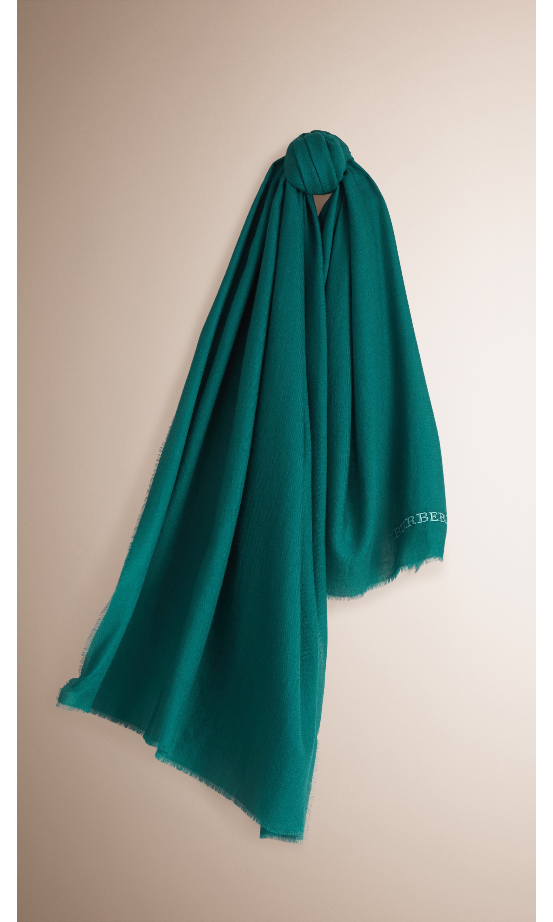 Embroidered Lightweight Cashmere Scarf in Dark Cyan Burberry United