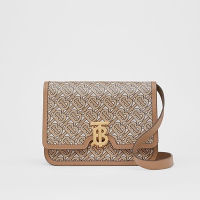 Medium Monogram Print Leather TB Bag In Beige - Women | Burberry United ...