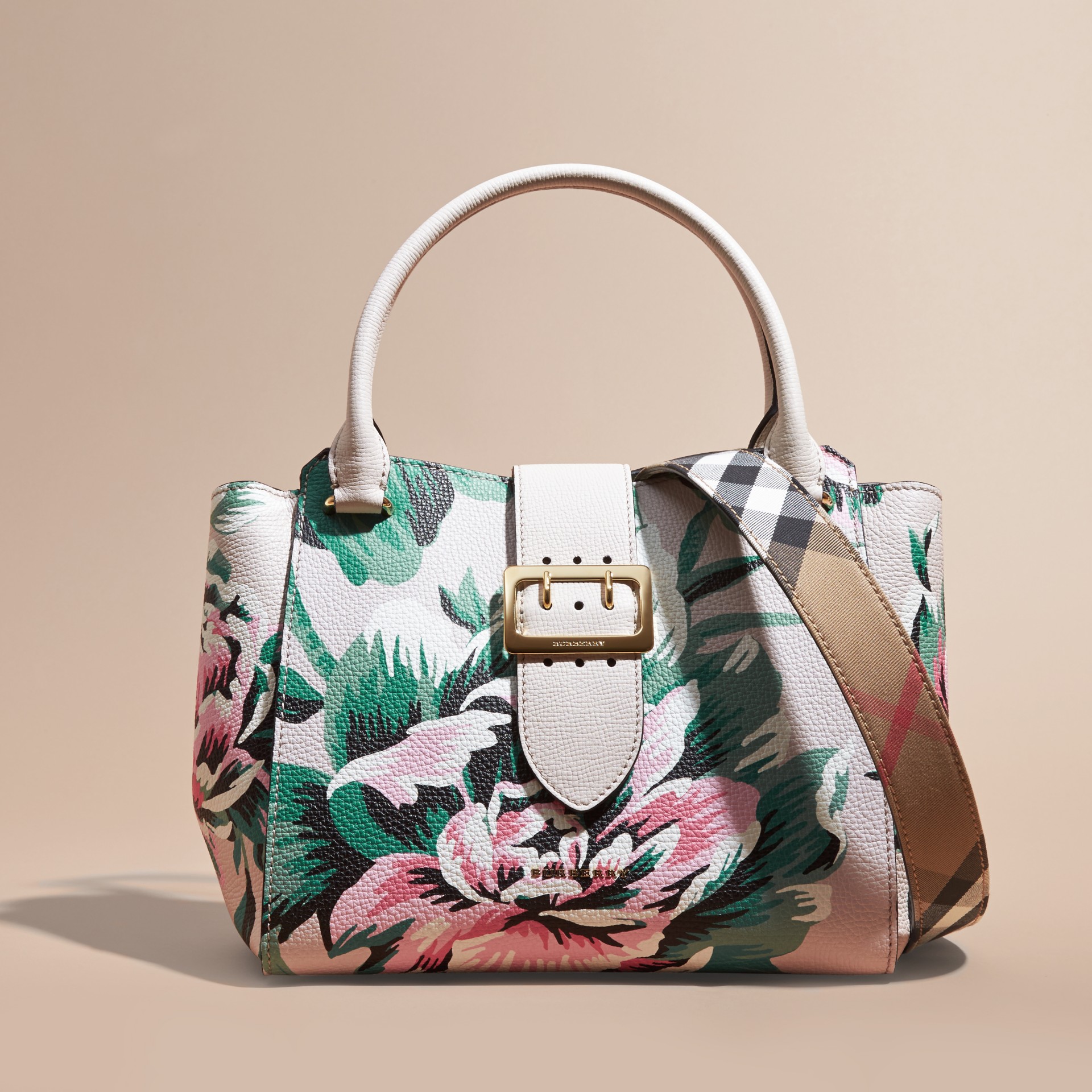 The Medium Buckle Tote in Peony Rose Print Leather Natural/emerald ...