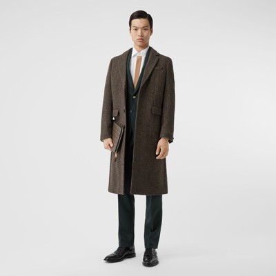 Herringbone Wool Tweed Coat in Brown 