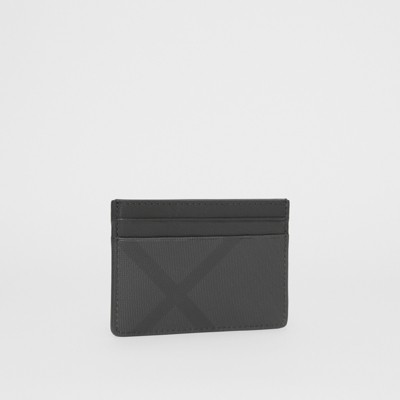 London Check and Leather Card Case in Dark Charcoal - Men 