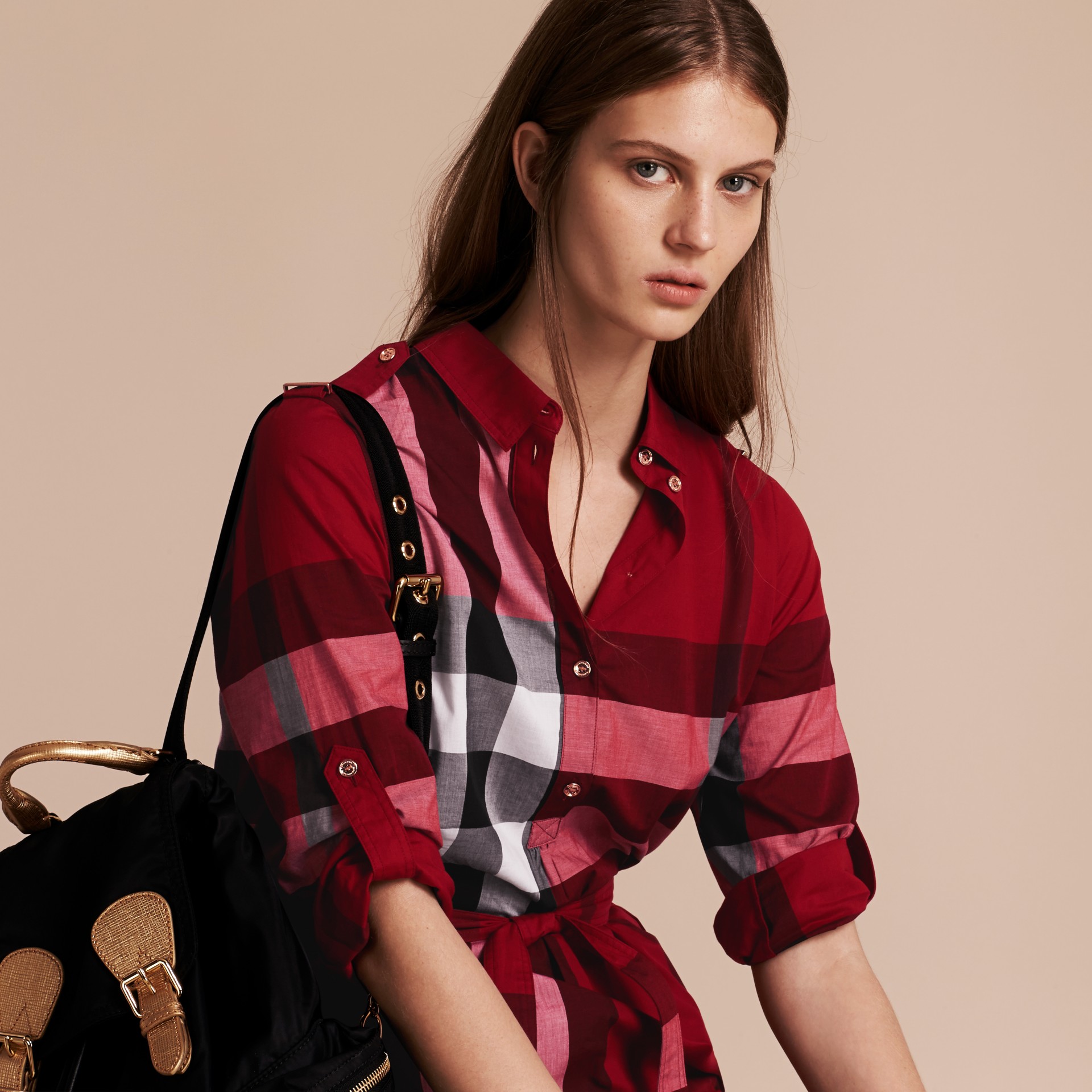 Check Cotton Shirt Dress Parade Red Burberry