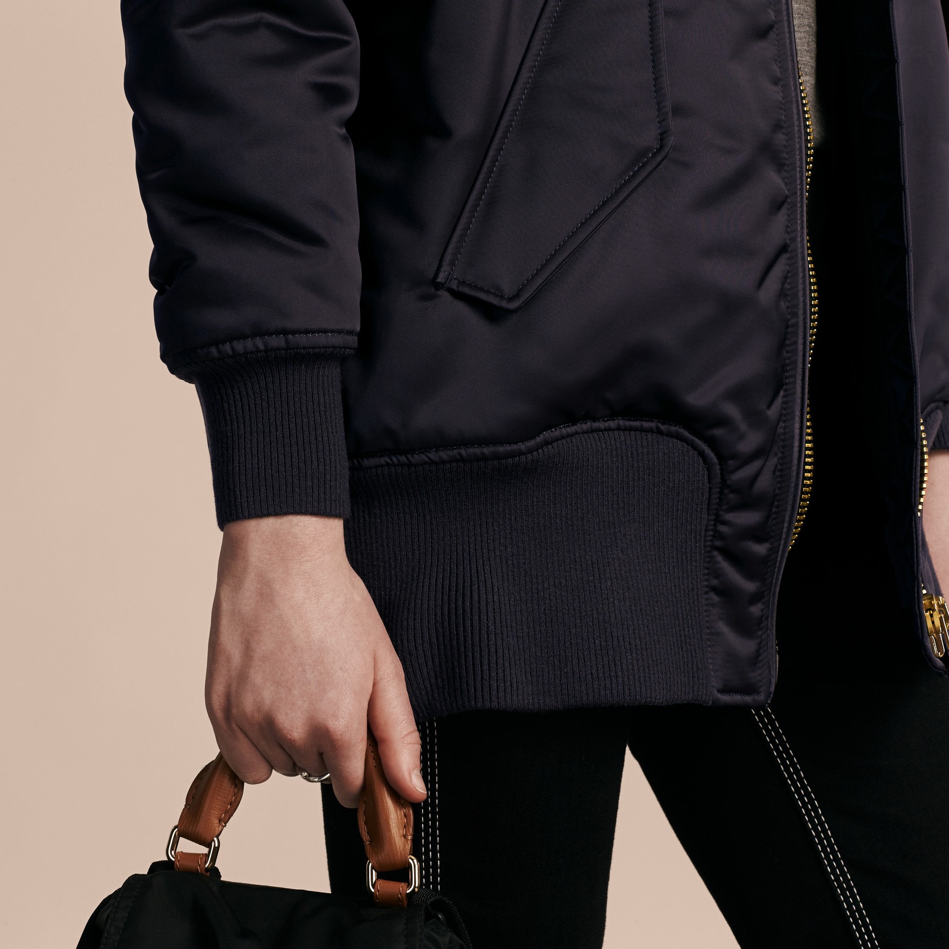 Longline Satin Bomber Jacket with Furtrimmed Hood Graphite Burberry