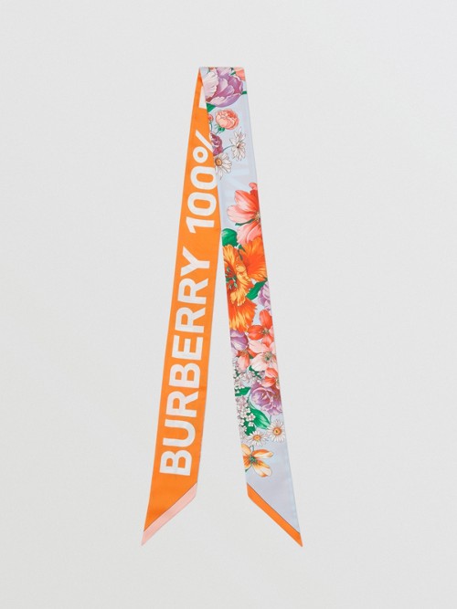 BURBERRY Floral and Logo Print Silk Skinny Scarf