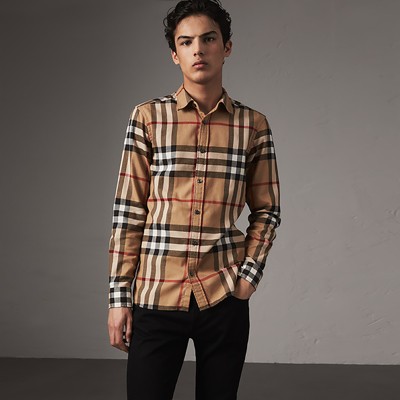 Check Cotton Flannel Shirt in Camel - Men | Burberry United States