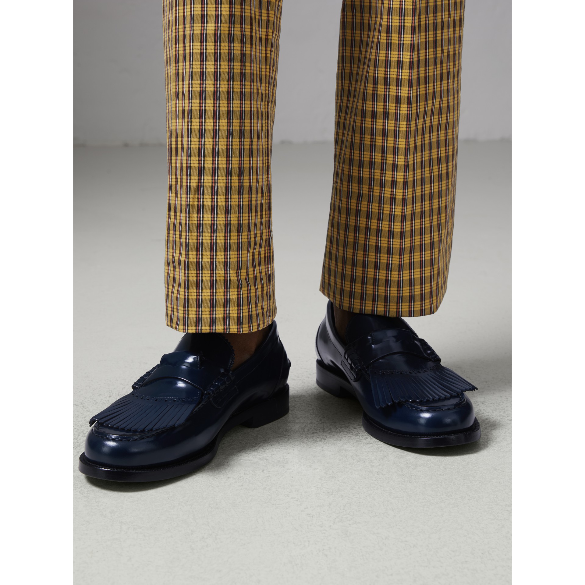 Kiltie Fringe Leather Loafers in Navy Men Burberry Australia