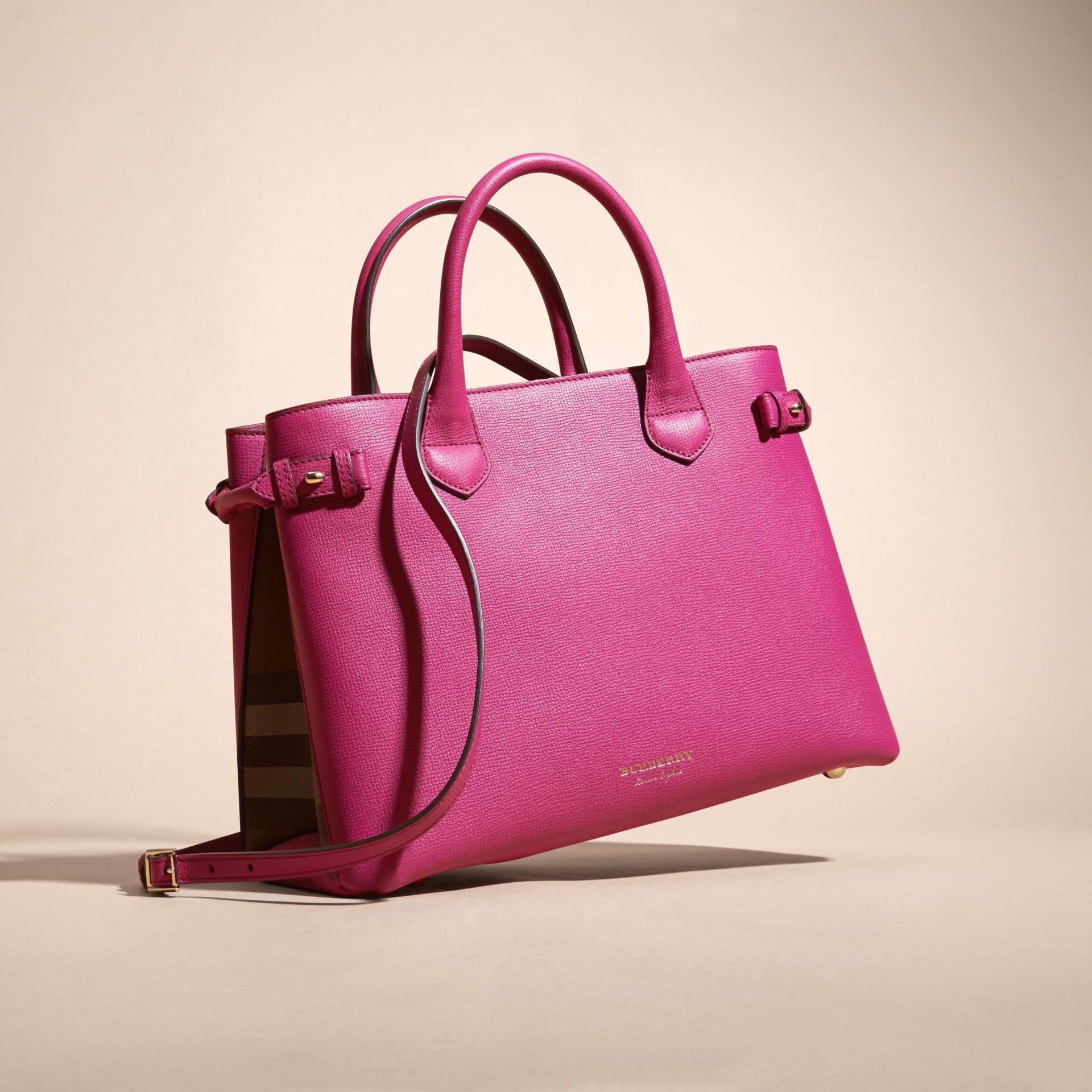 The Medium Banner in Leather and House Check in Brilliant Fuchsia ...