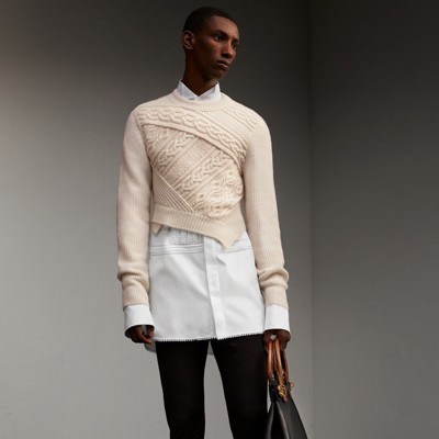 Cable Knit Cashmere Wool Cropped Sweater in Natural White - Men ...