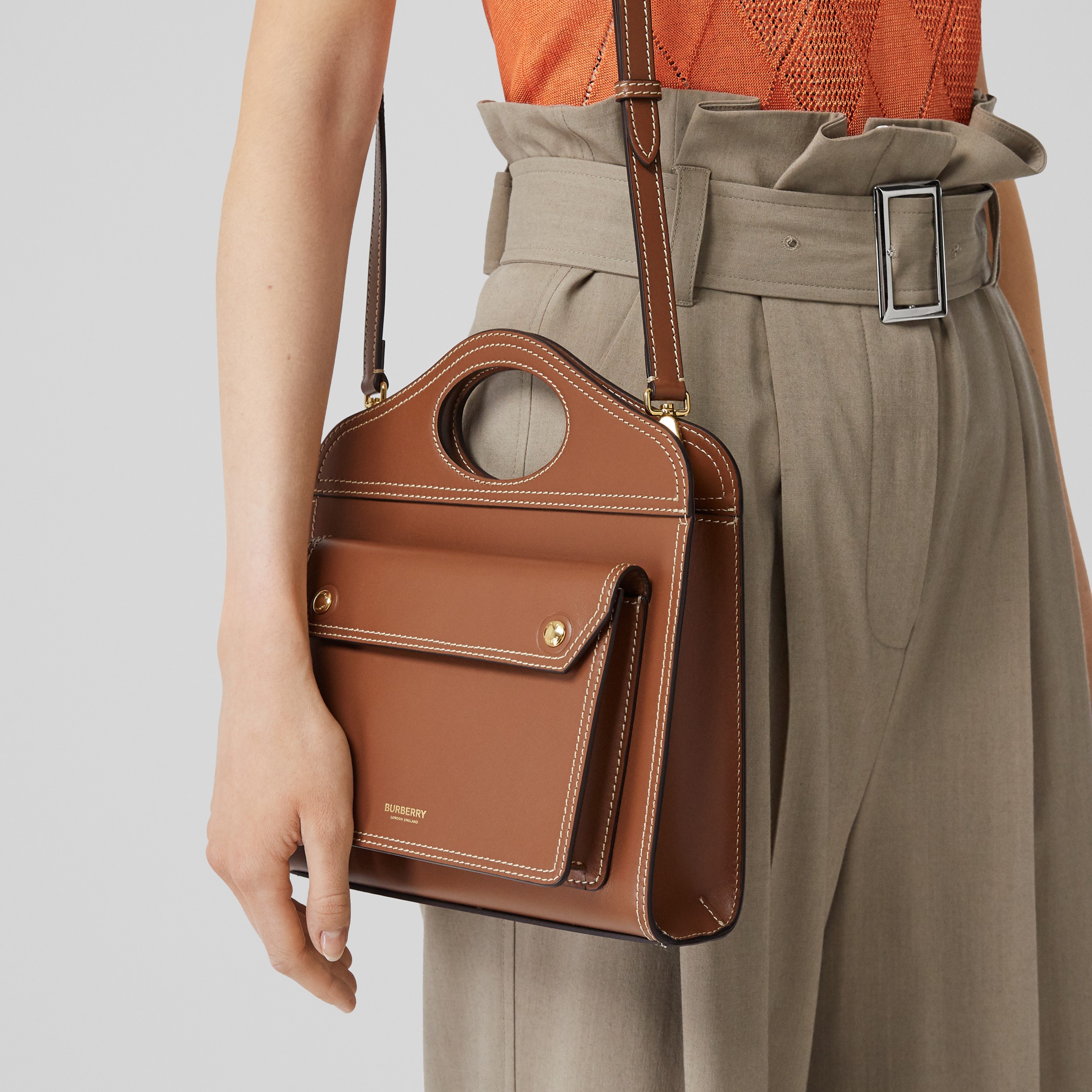Mini Topstitch Detail Leather Pocket Bag in Malt Brown - Women | Burberry