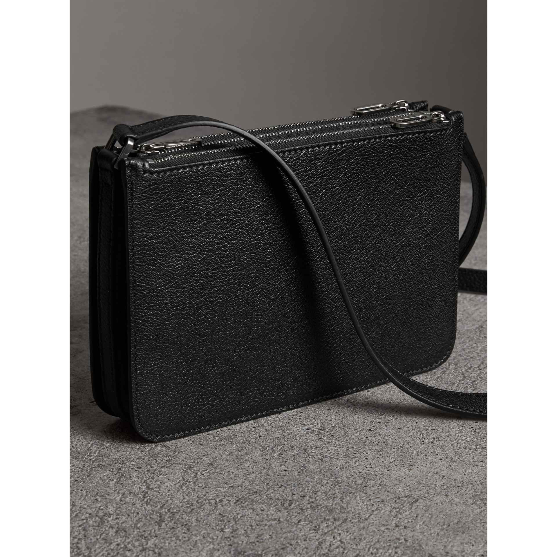 Triple Zip Grainy Leather Crossbody Bag in Black/silver Women