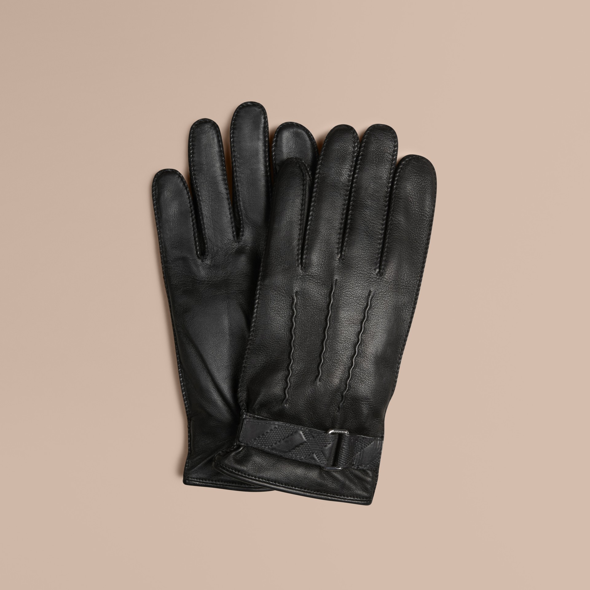 Embossed Check Detail Leather Touch Screen Gloves in Black Men