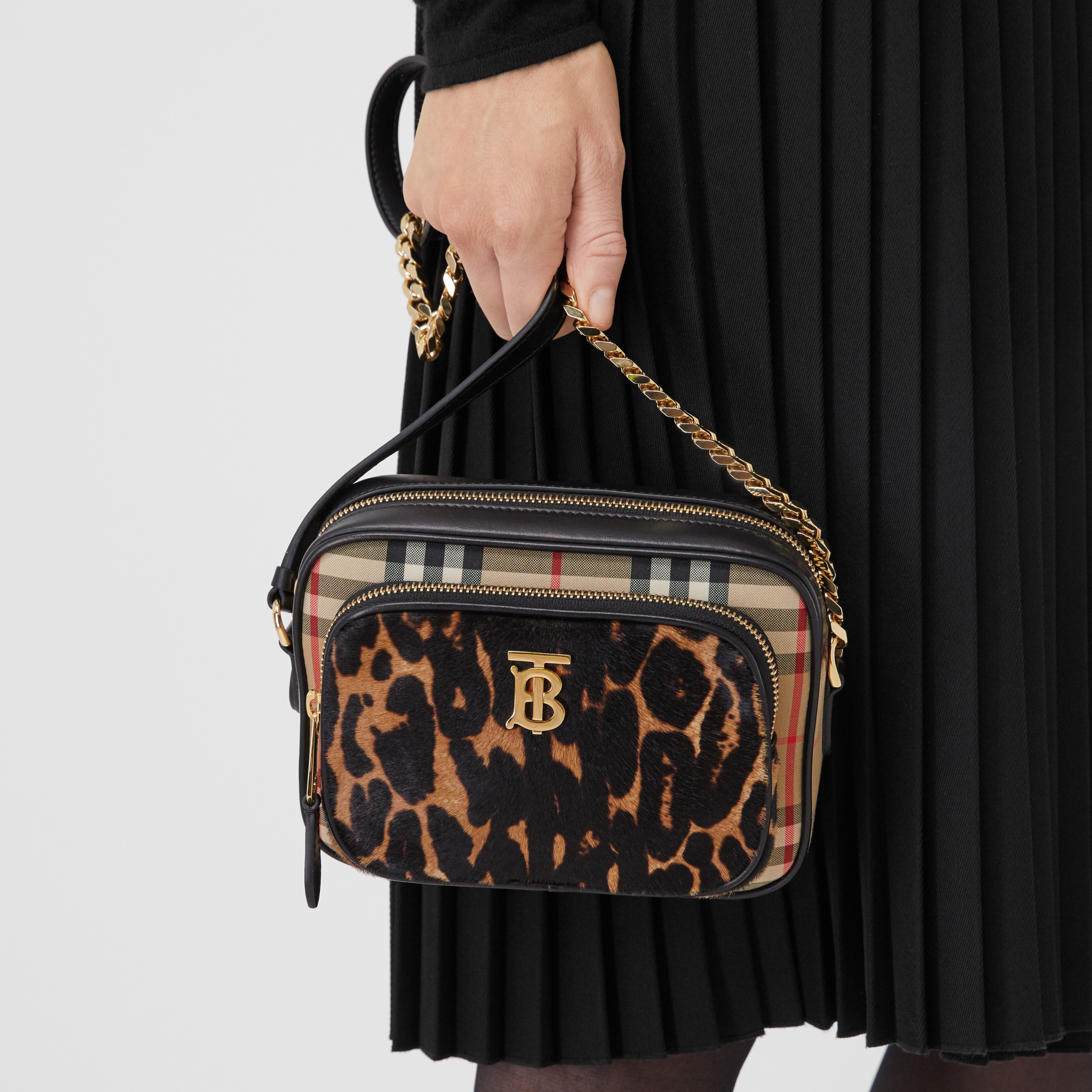 Vintage Check and Leopard Print Calf Hair Camera Bag in Black | Burberry