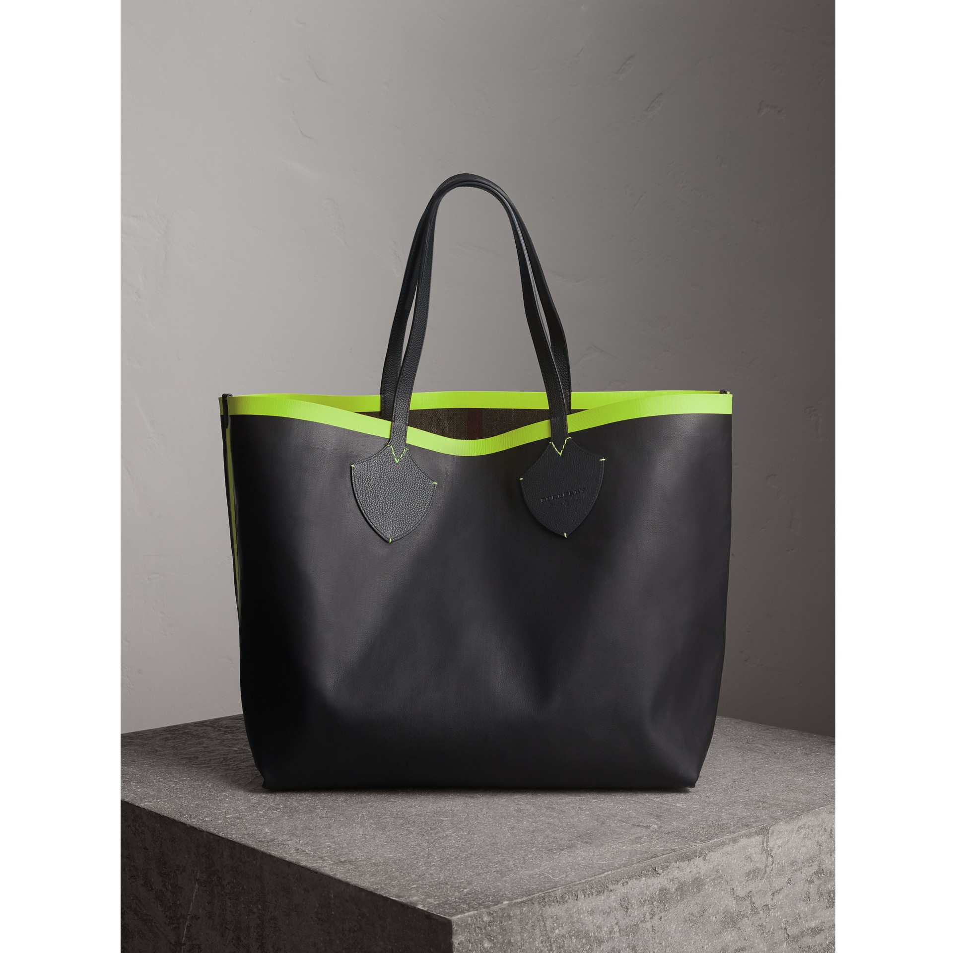 The Giant Reversible Tote in Canvas Check and Leather in Black/neon ...
