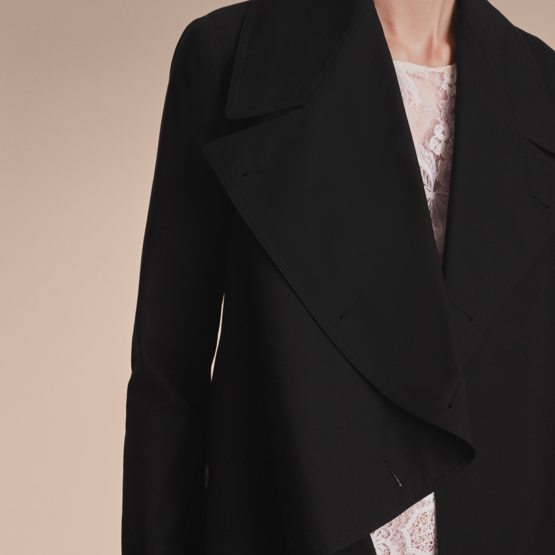 Cotton Gabardine Coat with Curved Closure in Black Women Burberry