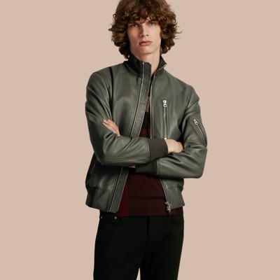 Leather Bomber Jacket with Stand Collar in Dark Steel - Men | Burberry ...