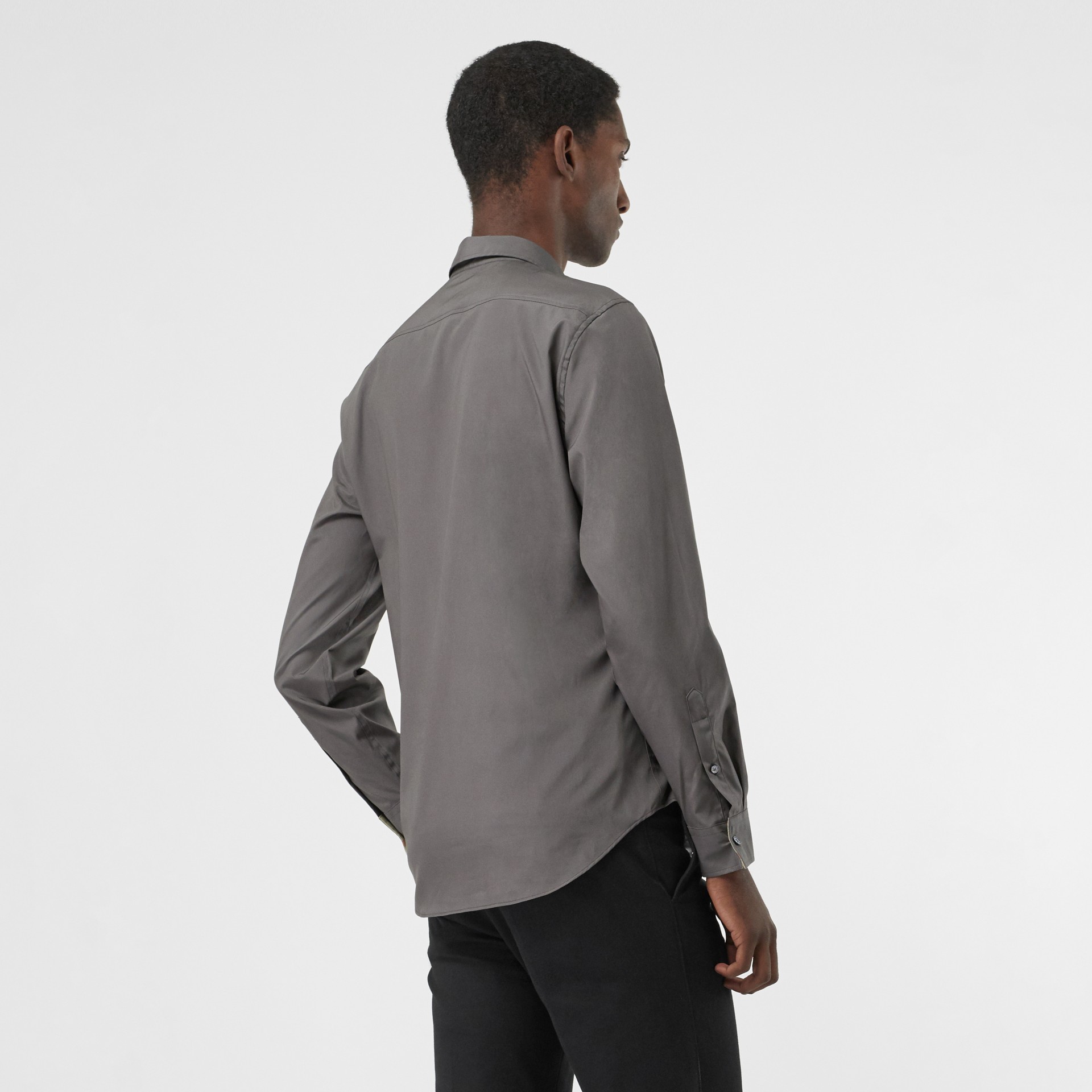Check Detail Stretch Cotton Poplin Shirt in Stone Grey - Men | Burberry ...