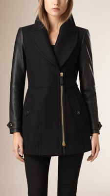 Wool Cashmere Pea Coat with Lambskin Sleeves