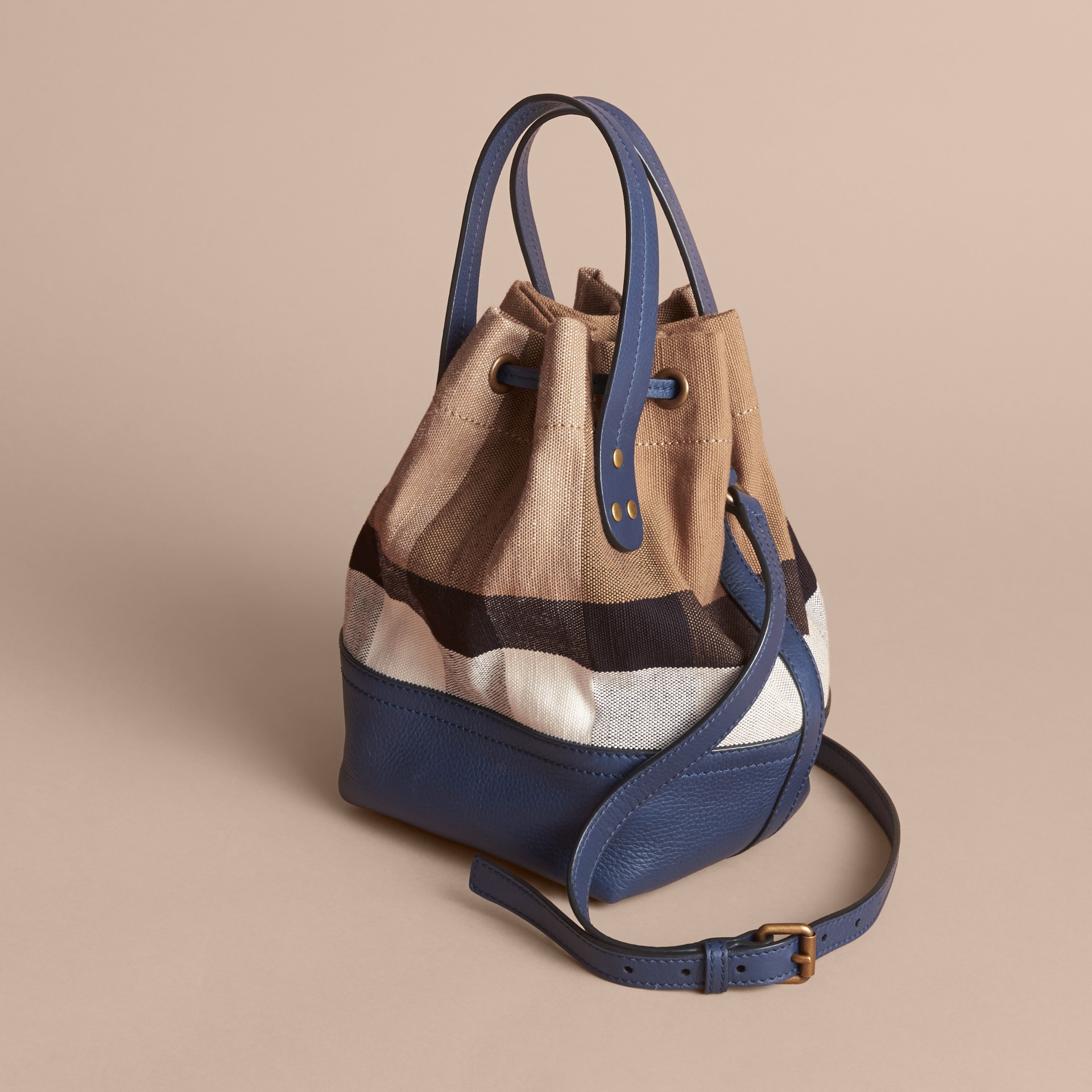 BURBERRY Small Canvas Check And Leather Bucket Bag in Brilliant Navy | ModeSens