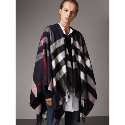 Check Cashmere and Wool Poncho in Navy 