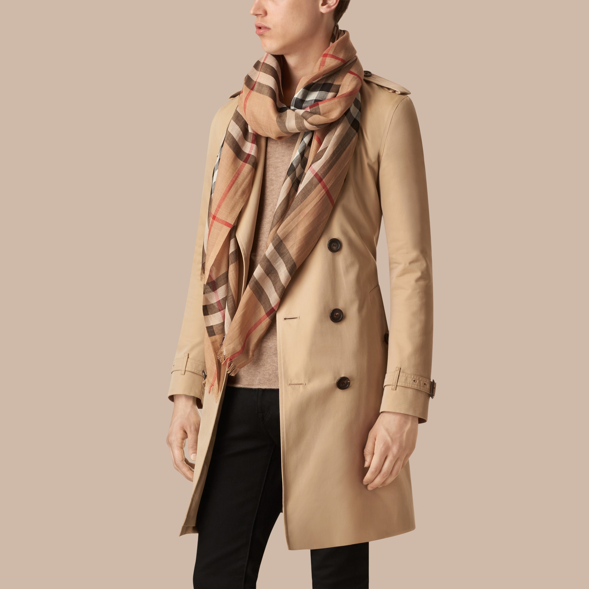 Lightweight Check Wool and Silk Scarf in Camel | Burberry United Kingdom