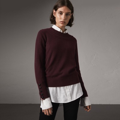 Cable Knit Yoke Cashmere Sweater in Deep Claret - Women | Burberry ...