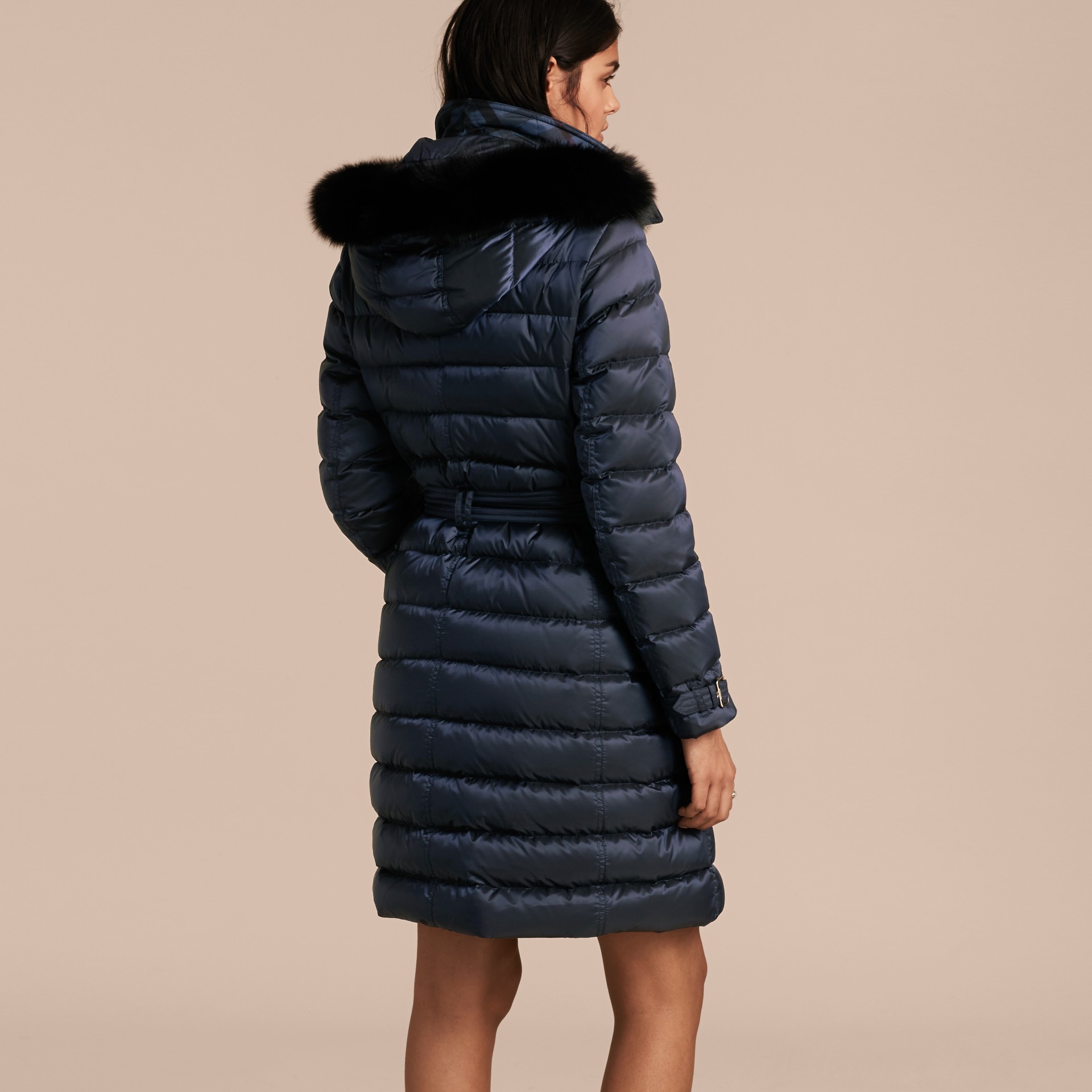 Downfilled Coat with Fox Fur Trim Hood in Navy Women Burberry United States